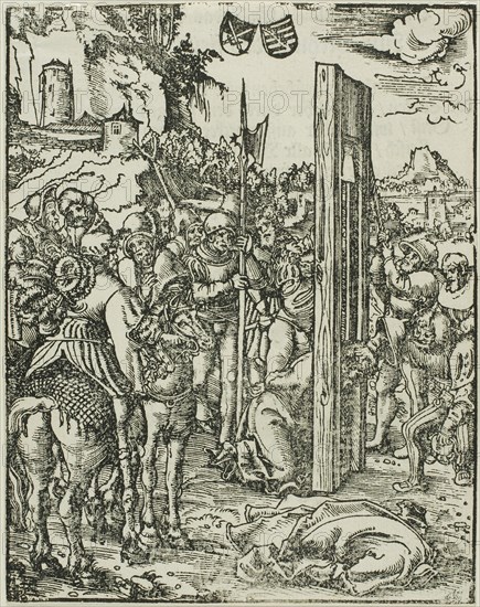 Saint Matthias, from The Martyrdom of the Apostles, c. 1548, Lucas Cranach the Elder, German, 1472-1553, Germany, Woodcut on ivory laid paper with letterpress text on verso, 161 x 127 mm (image/block/sheet)