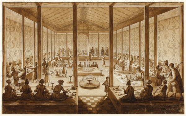 Oriental Banquet Scene, 1795/96, Jean Baptiste Hilaire, French, 1753-1822, France, Pen and gray and brown ink, with brush and brown wash, heightened with white gouache, on ivory wove paper, 216 × 352 mm