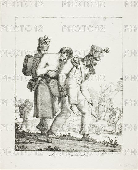 The Good Comrades, 1818–19, Jean Henri Marlet (French, 1771-1847), printed by Comte Charles Philibert de Lasteyrie (French, 1759-1849), France, Lithograph in black on ivory wove paper, 259 × 227 mm (image), 325 × 268 mm (sheet)