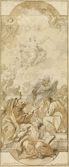 Assumption of the Virgin, n.d., Charles Joseph Natoire (French, 1700-1777), after Giacinto Calandrucci (Italian, 1646-1707), France, Black chalk and brush and brown and gray wash, with pen and brown ink, heightened with white gouache on cream laid paper, laid down on cream laid card, 474 × 195 mm