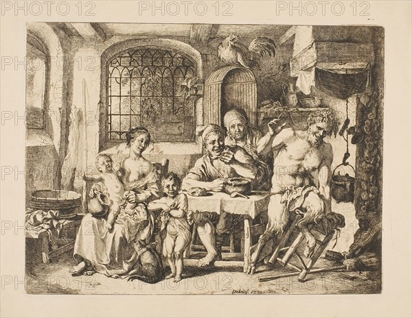 Satyr in a Peasant’s House, in the Style of Jordaens, 1739, Christian Wilhelm Ernst Dietrich, German, 1712-1774, Germany, Etching on paper, 208 x 275 mm (plate), 248 x 317 mm (sheet)