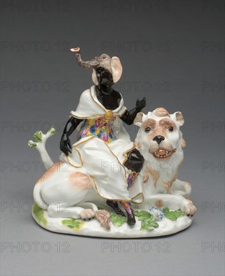 Allegorical Figure Representing Africa, 1746, Meissen Porcelain Factory, Germany, founded 1710, Modeled by Johann Joachim Kändler, German, 1706-1775, Meissen, Hard-paste porcelain, polychrome enamels, and gilding, 15.1 × 14.5 × 9.7 cm (5 15/16 × 5 11/16 × 3 13/16 in.)