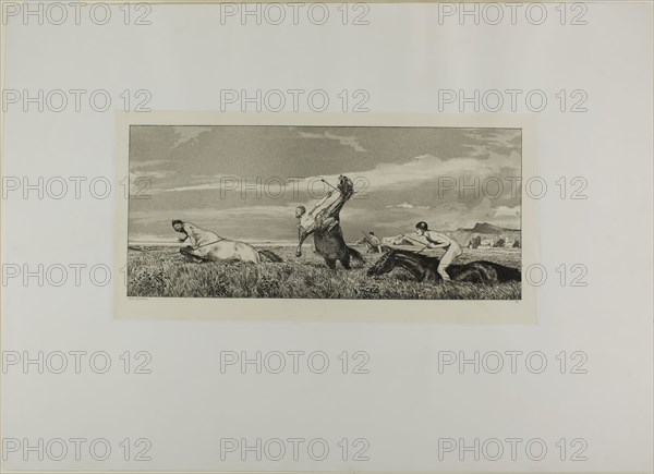 Pursued Centaur, plate three from Intermezzos, 1881, Max Klinger, German, 1857-1920, Germany, Etching and aquatint on cream wove paper, laid down on off-white wove paper, 164 x 377 mm (image), 201 x 406 mm (chine), 208 x 411 mm (plate), 448 x 623 mm (sheet)