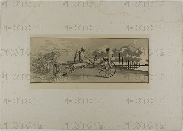 Cupid, Death, and the Next World, plate twelve from Intermezzos, 1881, Max Klinger, German, 1857-1920, Germany, Etching on paper, 157 x 412 mm (image), 192 x 420 mm (chine), 200 x 428 mm (plate), 450 x 637 mm (sheet)