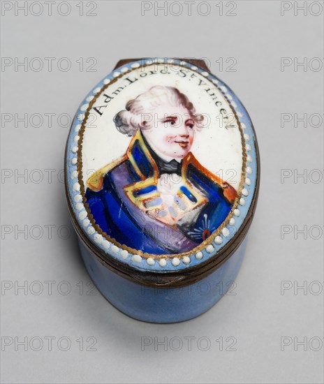 Box: Admiral Lord St. Vincent, c. 1810, South Staffordshire, England, South Staffordshire, Polychrome enamel on copper with metal mounts, 2.7 x 3.5 x 4.9 cm (1 1/16 x 1 3/8 x 1 15/16 in.)
