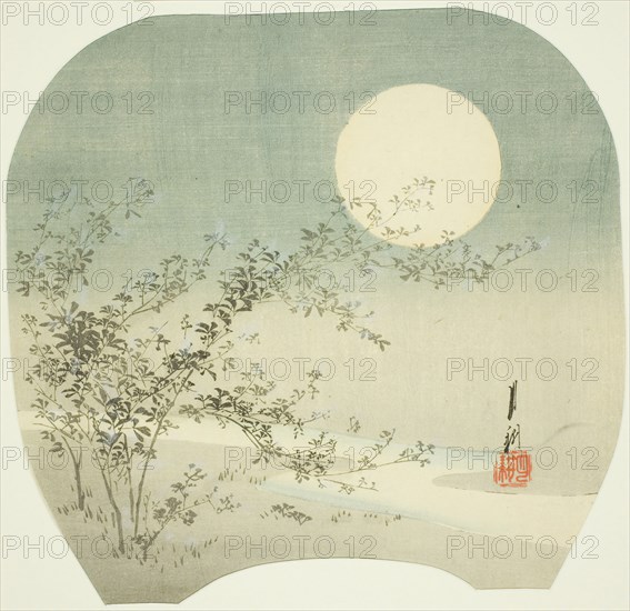 Full Moon and Autumn Flowers by the Stream, c. 1895, Ogata Gekko, Japanese, 1859-1920, Japan, Color woodblock print, uchiwa-e, 23.5 x 24.8 cm