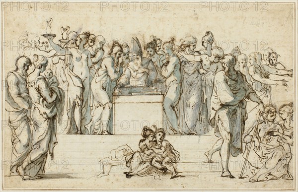 Marriage of the Virgin, c. 1575, Follower of Parmigianino, Italian, 1503-1540, Italy, Pen and brown ink with brush and blue wash, corrected with touches of lead white (partially oxidized), over black chalk, on cream laid paper, laid down on ivory wove card, 269 x 422 mm