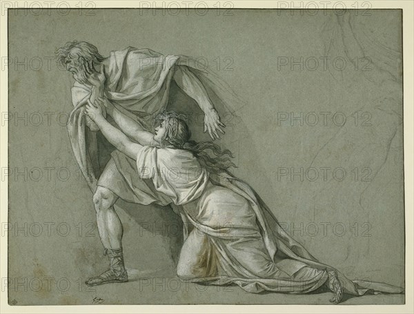 The Departure of Marcus Attilius Regulus for Carthage, 1785/86, Jacques Louis David, French, 1748-1825, France, Pen and black ink and brush and black ink wash and opaque white watercolor with black chalk and touches of brown watercolor on blue laid paper, 310 x 409 mm (sight)