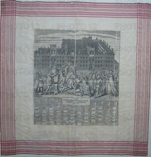 Handkerchief (The Oxford Almanack For the Year of Our Lord MDCCXXXV), c. 1735, Engraved by George Vertue (English, 1684–1756), England, Silk, plain weave, copperplate printed, 79.6 × 81.6 cm (31 3/8 × 32 1/8 in.)