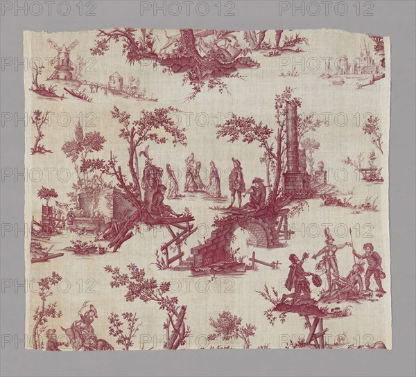 Don Quichotte (Don Quixote) (Furnishing Fabric), c. 1785, Possibly after design by Jean Jacques Lagrenèe le Jeune (French, 1739–1821) after engravings by Charles Nicolas Cochin l’Aîné (French, 1688–1754), Magdaleine Hortenels Cochin (French, 1683–1767), Jean Baptiste Haussard (French, 1679/80–1749), and Louis Silvestre l’Aîné (French, 1664–1740), Based on paintings by Charles Antoine Coypel (French, 1694–1752), France, Nantes, France, Cotton, plain weave, copperplate printed, 84.2 × 95.2 cm (33 1/8 × 37 1/2 in.)