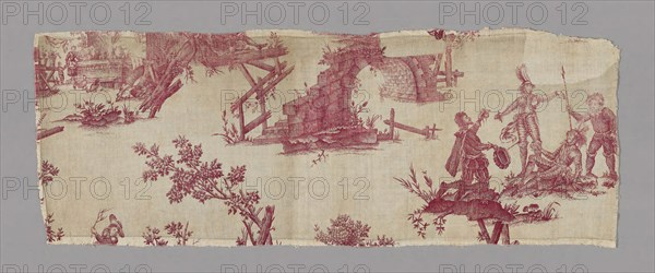Don Quichotte (Don Quixote) (Furnishing Fabric), c. 1785, Possibly after design by Jean Jacques Lagrenèe le Jeune (French, 1739–1821) after engravings by Charles Nicolas Cochin l’Aîné (French, 1688–1754), Magdaleine Hortenels Cochin (French, 1683–1767), Jean Baptiste Haussard (French, 1679/80–1749), and Louis Silvestre l’Aîné (French, 1664–1740), Based on paintings by Charles Antoine Coypel (French, 1694–1752), France, Nantes, France, Cotton, plain weave, copperplate printed, 31.6 × 85.3 cm (12 3/8 × 33 1/2 in.)