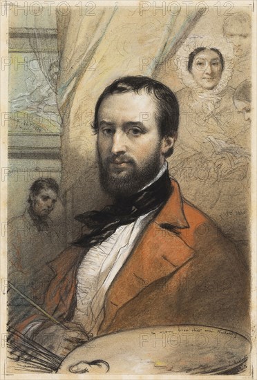 Self-Portrait, 1843, Louis Gallait, Belgian, 1810-1887, Belgium, Black conte crayon, colored chalks, and pastel on ivory wove paper laid down on cream wove card, 168 × 112 mm (primary), 235 × 175 mm (secondary)