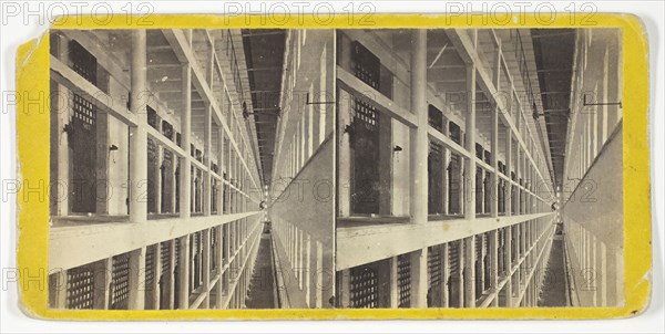 Interior View of the Main Hall of Prison, East Side, which is 6 Stories High, and Contains 600 Cells, 1860/69, Anthony & Company, American, active 1848–1901, United States, Albumen print, stereo, No. 4318 from the series "Sing Sing Prison Views