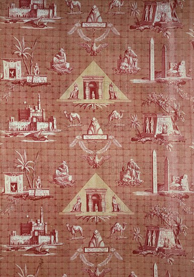 Les Monuments d’Egypte (The Monuments of Egypt) (Furnishing Fabric), c. 1800, Designed by Jean Baptiste Huet (French, 1745–1811) from engravings by Pagelet (French) and others after paintings by Louis François Cassas (French, 1756–1827), Manufactured by Christophe Philippe Oberkampf, 1738–1815, France, Jouy-en-Josas, France, Cotton, plain weave, engraved roller and block printed, 249.9 × 95.6 cm (98 3/8 × 37 5/8 in.)