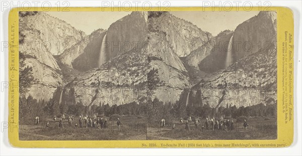 Yo-Semite Fall (2634 feet high), from near Hutchings’, with excursion party, 1870, John P. Soule, American, 1828–1904, United States, Albumen print, stereo, No. 1216 from the series "California -- Yo-Semite Valley