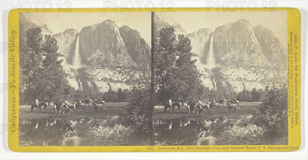 Yo-Semite Fall, (2634 feet high) from near Sentinel House, P. T. Barnum and Party, 1870, John P. Soule, American, 1828–1904, United States, Albumen print, stereo, No. 1220 from the series "California -- Yo-Semite Valley