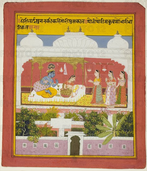 Krishna and Radha in a Pavilion, page from a copy of the Sat Sai Seven Hundred Verses), dated 1719, India, Rajasthan, Mewar, India, Opaque watercolor and gold on paper, Image: 21.1 x 17.6 cm, Border: 22.2 x 18.7 cm, Paper: 25.1 x 21.5 cm