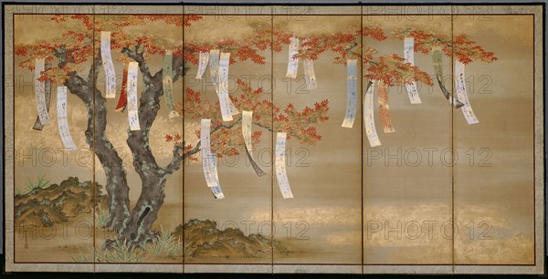 Autumn Maples with Poem Slips, c. 1675, Tosa Mitsuoki, Japanese, 1617-1691, Japan, Six-panel screen (one of pair), Ink, colors, gold leaf, and gold powder on silk, 144 × 286 cm