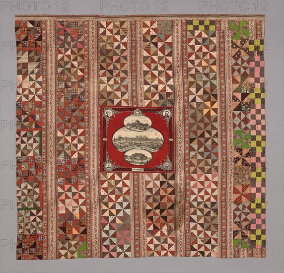 Philadelphia Centennial Exhibition Quilt, 1876/1900, United States, Pieced quilt, dyed and printed cotton and wool plain and patterned weave fabrics, printed cotton handkerchief, 220.4 x 224.2 cm (86 3/4 x 88 1/4 in.), Old Man and Woman, n.d., Cornelis Visscher (Dutch, c. 1629-1658), after Adriaen van Ostade (Dutch, 1610-1685), Holland, Engraving on ivory laid paper, 260 x 216 mm