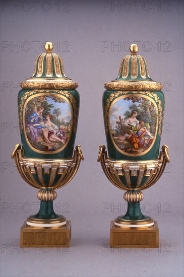 Pair of Vases (Vases à Pied de Globe), 1769, Sèvres Porcelain Manufactory, (French, founded 1740), Designed by Charles Nicolas Dodin, (French, 1734-1803), Sèvres, Soft-paste porcelain, polychrome enamels, gilding, and gilt-bronze mounts, 1977.220a-b: 35.9 × 13 × 11.1 cm (14 1/8 × 5 1/8 × 4 3/8 in.)