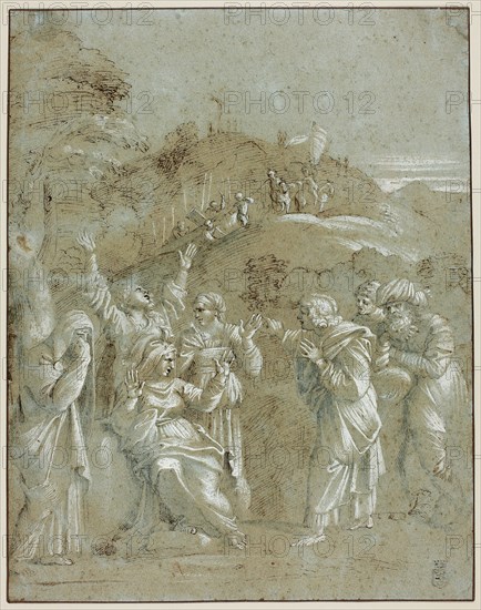 The Virgin, the Holy Women, and Saints John, James and Joseph of Arimathea, with Christ on the Way to Calvary, n.d., Antonio Carracci, Italian, 1583-1618, Italy, Pen and brown ink, with brush and blue wash, heightened with lead white (discolored), on blue laid paper, 323 x 254 mm, Saint Luke, 1650, Cornelis Visscher, Dutch, c. 1629-1658, Holland, Engraving in black on ivory laid paper, 260 x 197 mm
