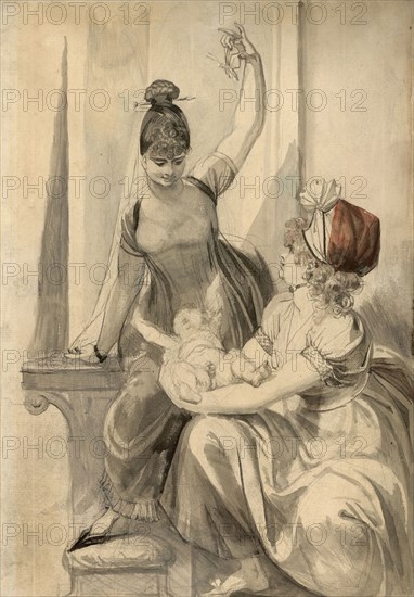Mother and Her Family in the Country, 1806/07, Henry Fuseli, Swiss, active in England, 1741-1825, Switzerland, Pen and black ink, and brush and black and gray wash, with watercolor and traces of white gouache, over graphite, on ivory laid paper, 457 x 311 mm