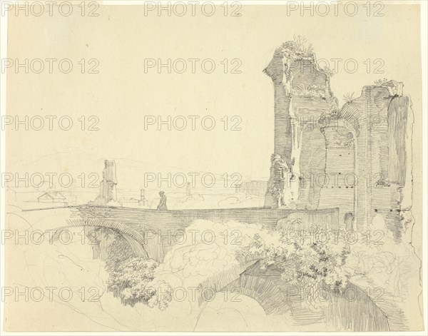 Bridge and Ruined Tower, n.d., Johann Christoph Erhard, German, 1795-1822, Germany, Graphite on cream wove paper, 199 x 254 mm
