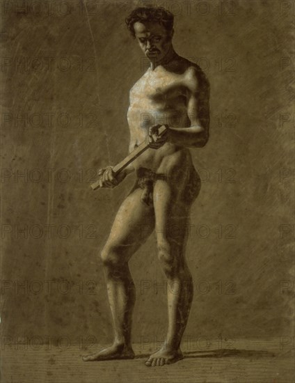 Standing Academic Male Nude (recto), Sketch of Upper Arm (verso), 1816, Eugène Delacroix, French, 1798-1863, France, Black chalk and charcoal with stumping, heightened with white chalk (recto), and black chalk and charcoal with stumping (verso), on dark tan laid paper, 590 × 450 mm