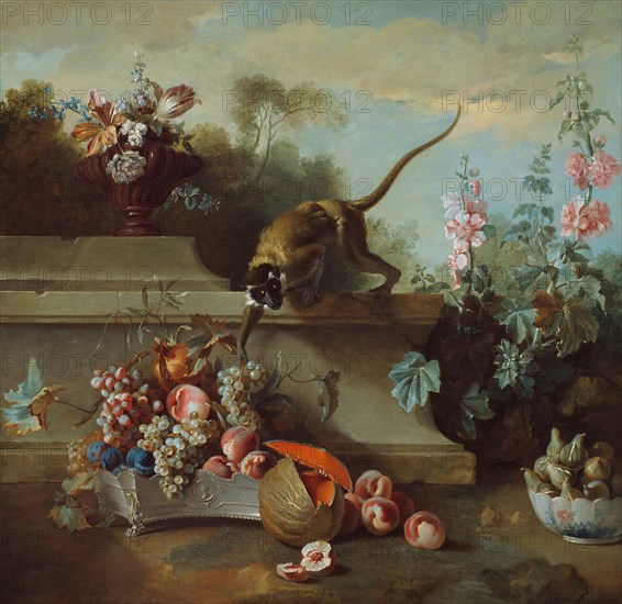 Still Life with Monkey, Fruits, and Flowers, 1724, Jean Baptiste Oudry, French, 1686–1755, France, Oil on canvas, 55 3/4 × 57 in. (141.6 × 144.8 cm)