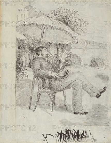 On the Terrace of a Hotel in Bordighera: The Painter Jean Martin Reviews his Bill, 1881, Pierre Auguste Renoir, French, 1841-1919, France, Black conté crayon over pen and brush and black ink on ivory laid paper (discolored to cream), 452 × 354 mm