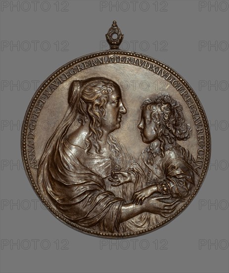 Portrait Medallion:  Anne of Austria and her Son, the future King Louis XIV, 1638/48, Jean Warin, III, Attributed to, French, 1604-1672, France, Bronze, cast, chased, and patinated, Diam. (without hanging finial) 9.4 cm (3 11/16 in.)