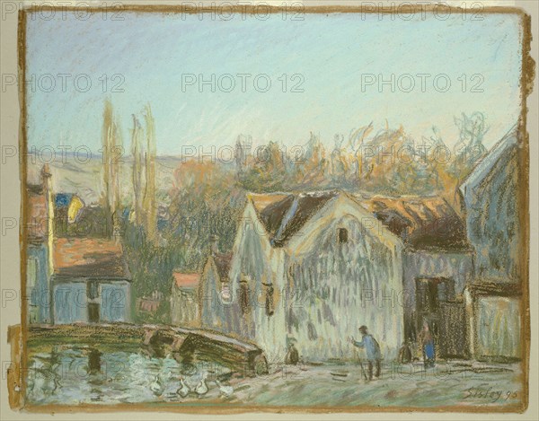 A Corner of Moret-sur-Loing, 1895, Alfred Sisley, French, 1839-1899, France, Pastel, with stumping, on gray wove paper with blue fibers (discolored to tan), 337 × 426 mm