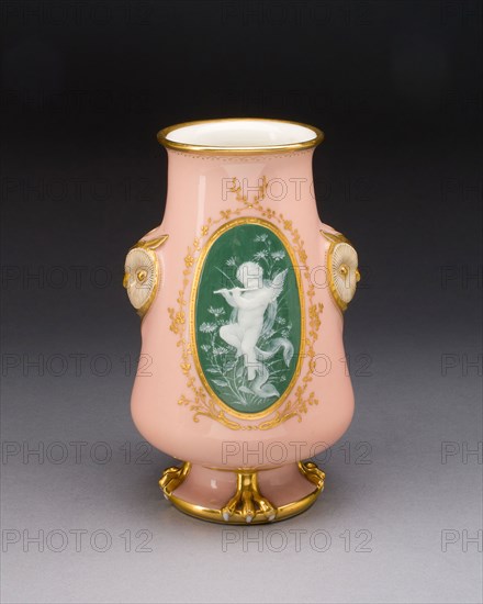 Vase, 1880/90, Mintons Ltd., English, founded 1793, Stoke on Trent, Hard-paste porcelain with pâte sur pâte decoration in white on green ground surrouned by pale peach ground with gilding, 19.1 x 11.1 x 10.8 cm (7 9/16 x 4 3/8 x 4 1/4 in.)