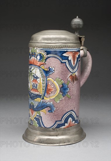 Tankard, 1730/50, Germany, Erfurt, Erfurt, Tin-glazed earthenware (faience) and pewter, 25.3 × 17.8 × 15.2 cm (10 × 7 × 6 in.)