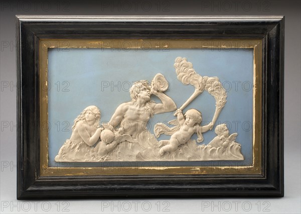 Plaque with Triton and Nereids, Late 18th century, Wedgwood Manufactory, England, founded 1759, Burslem, Stoneware (jasperware), Plaque: 22.9 × 39.1 cm (9 × 15 3/8 in.)