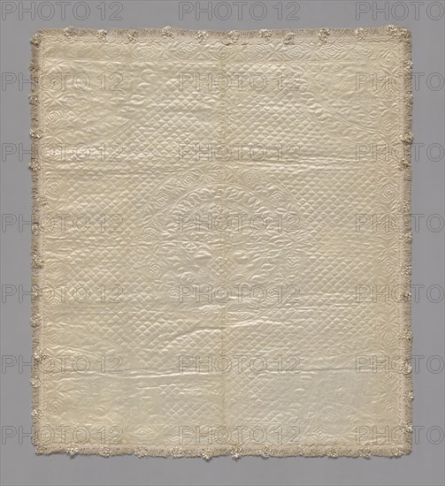 Christening Cover, c. 1758 or earlier, Possibly made by or for Mary Philipse Morris (1730–1825), United States, New York, New York, Silk, warp-float faced satin weave, quilted, edged with warp-faced plain weave woven tape and fringe with wrapped tassels, backed with silk, plain weave, 112.3 x 98.8 cm (44 1/4 x 38 7/8 in.)