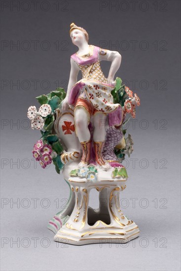 Figure of Europe, c. 1766, Bow Porcelain Factory, London, England, 1744-1775, Bow, Soft-paste porcelain, polychrome enamels and gilding, 13.3 × 6.4 × 5.3 cm (5 1/4 × 2 1/2 × 2 in.)