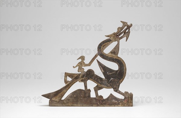 Immortals Riding Dragons: Section of a Tomb Pediment, Han dynasty (206 B.C.–A.D. 220), 1st century B.C./A.D., China, probably from Henan province, China, Gray earthenware with traces of slip and polychrome pigments