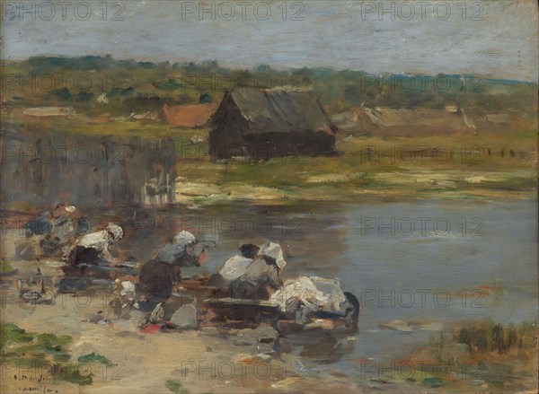 Washerwomen at the Edge of the Pond, 1880/85, Eugène-Louis Boudin, French, 1824-1898, France, Oil on panel, 7 1/4 × 9 3/4 in. (18.4 × 24.8 cm)