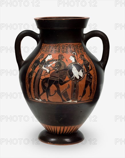 Belly-Amphora (Storage Jar), About 550/540 BC, Attributed to the Painter of Berlin 1686 or the Painter of Tarquinia RC 3984, Greek, Athens, Athens, terracotta, decorated in the black-figure technique, 28.2 × 21.6 × 19 cm (10 3/4 × 8 1/2 × 7 1/2 in.)