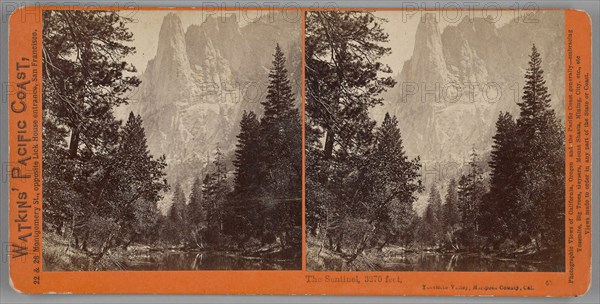 The Sentinel, 3270 feet, Yosemite Valley, Mariposa County, Cal., 1861/76, Carleton Watkins, American, 1829–1916, United States, Albumen print, stereo, No. 65 from the series "Watkins' Pacific Coast