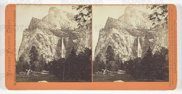 The Bridal Veil, 900 ft., Yosemite, 1861/76, Carleton Watkins, American, 1829–1916, United States, Albumen print, stereo, from the series "Watkins' Pacific Coast