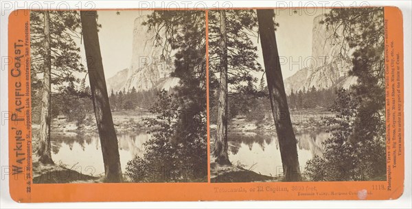 Tutocanula, or El Capitan, 3600 ft., Yosemite Valley, Mariposa County, Cal., 1861/76, Carleton Watkins, American, 1829–1916, United States, Albumen print, stereo, No. 1118 from the series "Watkins' Pacific Coast
