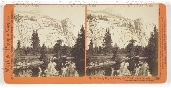 North Dome, Royal Arches and Washington Column, Yosemite Valley, Mariposa County, Cal., 1861/76, Carleton Watkins, American, 1829–1916, United States, Albumen print, stereo, No. 1029 from the series "Watkins' Pacific Coast