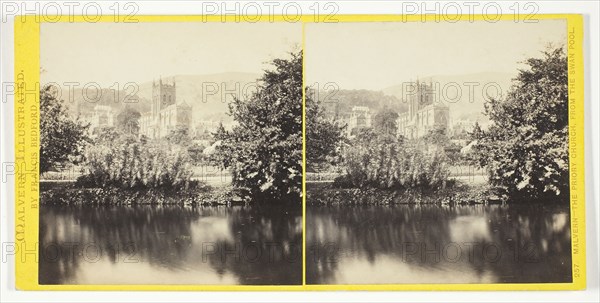 Malvern, the Priory Church, from the Swan Pool, 1850/94, Francis Bedford, English, 1816–1894, England, Albumen print, stereo, No. 257 from the series "Malvern Illustrated