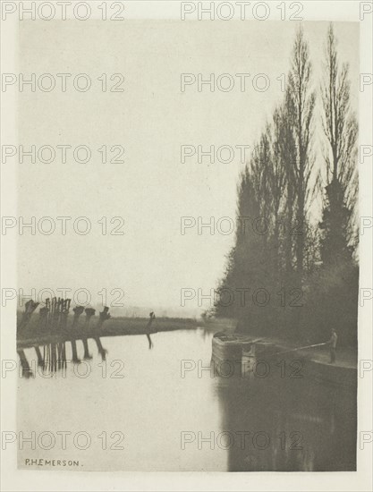 Poplars and Pollards on the Lea, Near Broxbourne, 1880s, Peter Henry Emerson, English, born Cuba, 1856–1936, England, Photogravure, plate XIX from the album "The Compleat Angler or the Contemplative Man's Recreation, Volume I" (1888), edition 109/250, 16.6 × 12.7 cm (image), 19 × 14.8 cm (paper), 32 × 24.8 cm (album page)