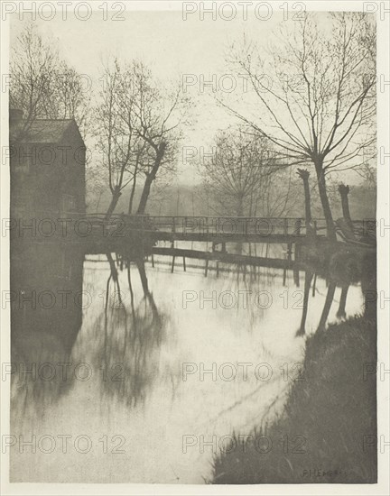 Footbridge Near Chingford, 1880s, Peter Henry Emerson, English, born Cuba, 1856–1936, England, Photogravure, plate XXV from the album "The Compleat Angler or the Contemplative Man's Recreation, Volume II" (1888), edition 109/250, 18.5 × 14.4 cm (image), 20.7 × 16.2 cm (paper), 32 × 24.5 cm (album page)