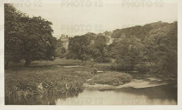 Haddon Hall, From the Meadows, 1880s, Peter Henry Emerson, English, born Cuba, 1856–1936, England, Photogravure, plate XXXIII from the album "The Compleat Angler or the Contemplative Man's Recreation, Volume II" (1888), edition 109/250, 12 × 20.4 cm (image), 15.4 × 22.7 cm (paper), 24.6 × 31.7 cm (album page)