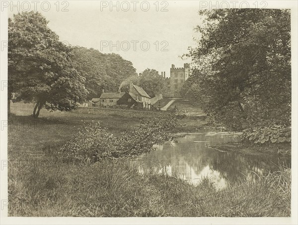 Haddon Hall and Homestead, From the River, 1880s, Peter Henry Emerson, English, born Cuba, 1856–1936, England, Photogravure, plate XXXIV from the album "The Compleat Angler or the Contemplative Man's Recreation, Volume II" (1888), edition 109/250, 15 × 20.2 cm (image), 17.1 × 21.9 cm (paper), 24.9 × 32 cm (album page)