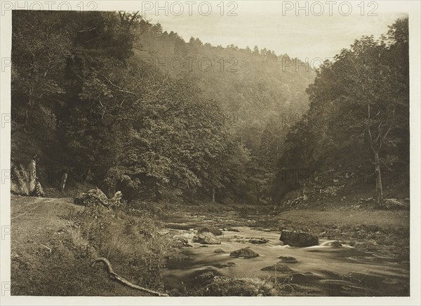 In Dove Dale (Staffordshire Side), 1880s, Peter Henry Emerson, English, born Cuba, 1856–1936, England, Photogravure, plate XL from the album "The Compleat Angler or the Contemplative Man's Recreation, Volume II" (1888), edition 109/250, 14.5 × 20.3 cm (image), 16.8 × 22.1 cm (paper), 24.8 × 31.9 cm (album page)
